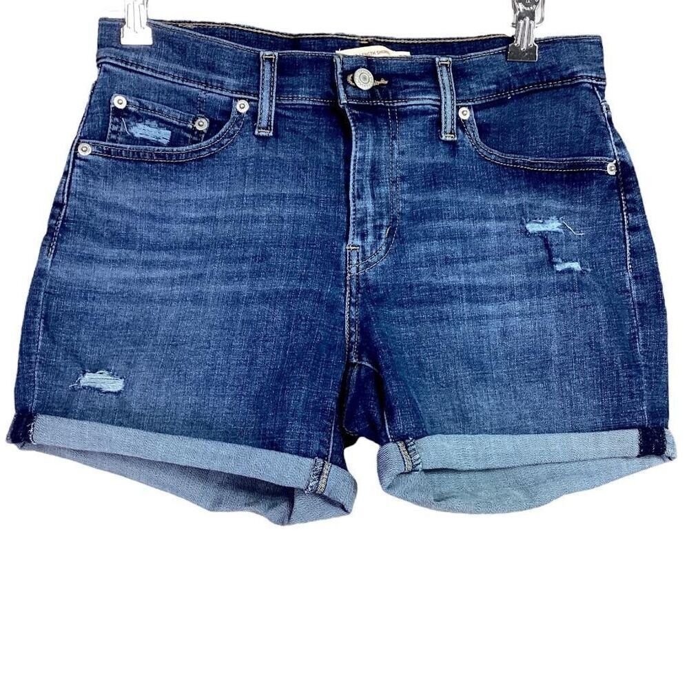 Levis Denim Shorts Womens 29 Blue Mid Length Rolled Cuff Stretch Distressed